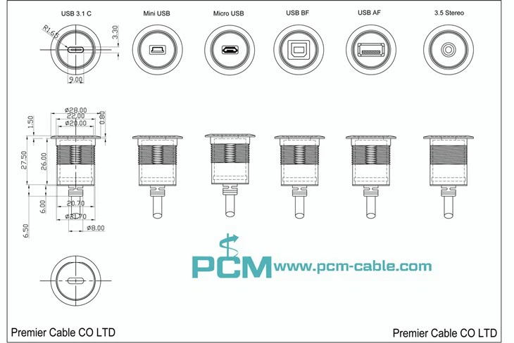 Cutout size of panel mount USB connectors